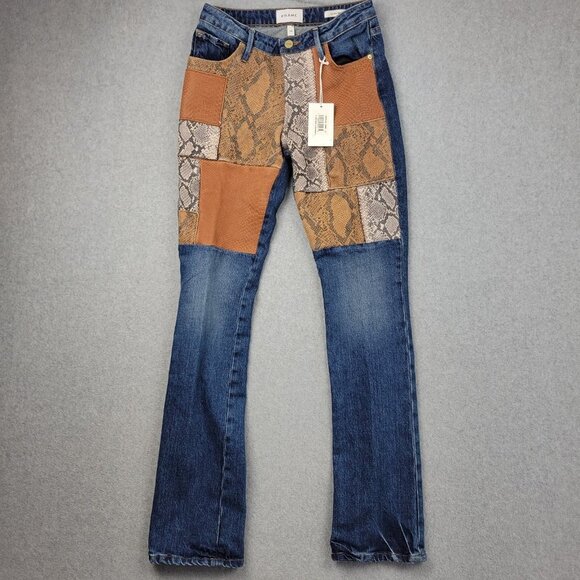 FRAME Womens Denim Le Mini Bootcut 24 Lambskin Leather Patchwork Kenmore Jeans - Picture 1 of 16